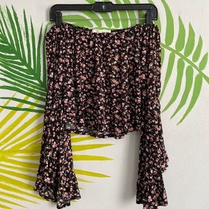 floral off shoulder blouse with long bell sleeves